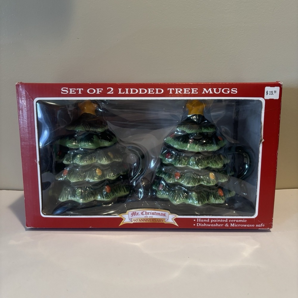 Mr. Christmas Set Of 2 Lidded Tree Mugs 16 0z‎ Hand Painted Ceramic NEW In Box